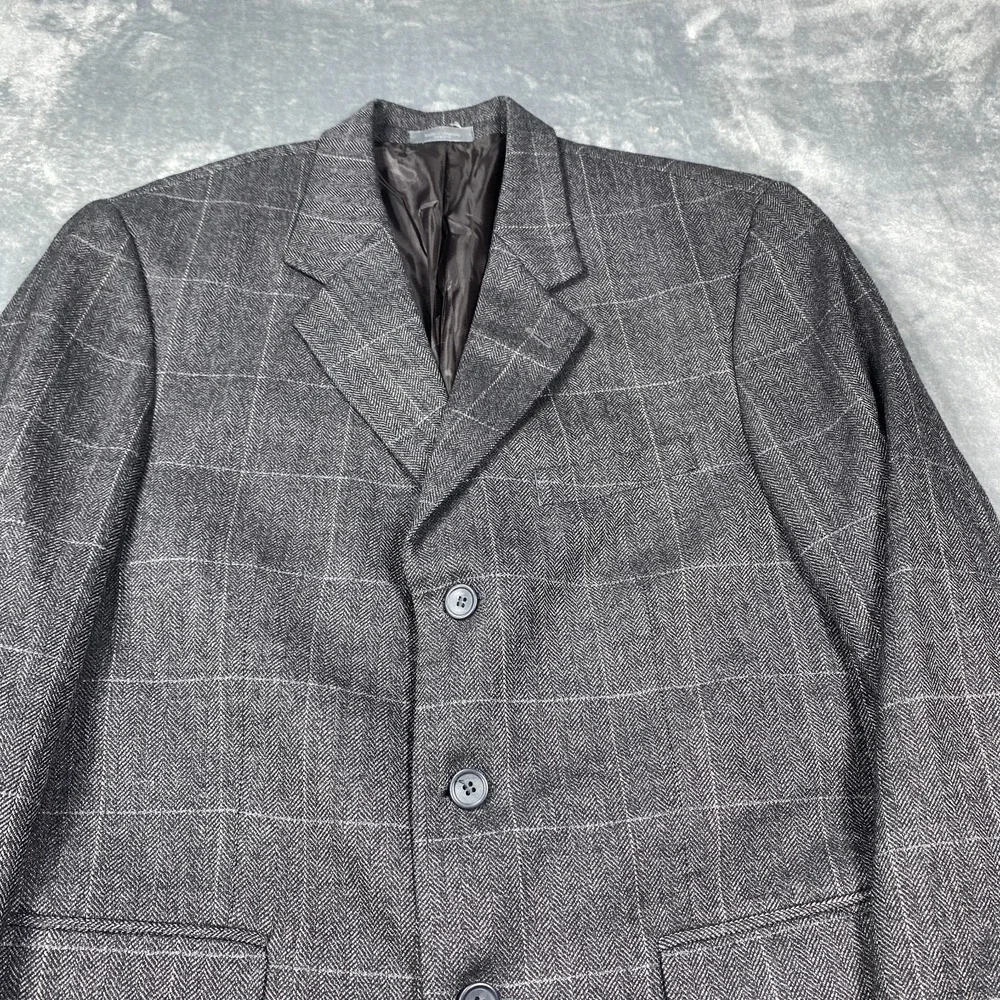 Oleg Cassini Blazer Mens 42R Gray Windowpane Wool Cashmere Blend Suit Jacket
